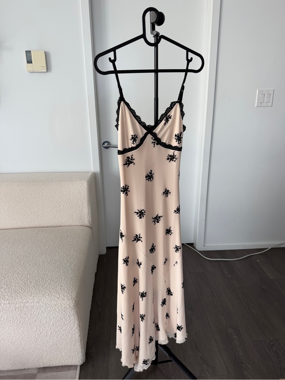 Peppermayo Beige Maxi Slip Dress with Black Floral Appliqué
